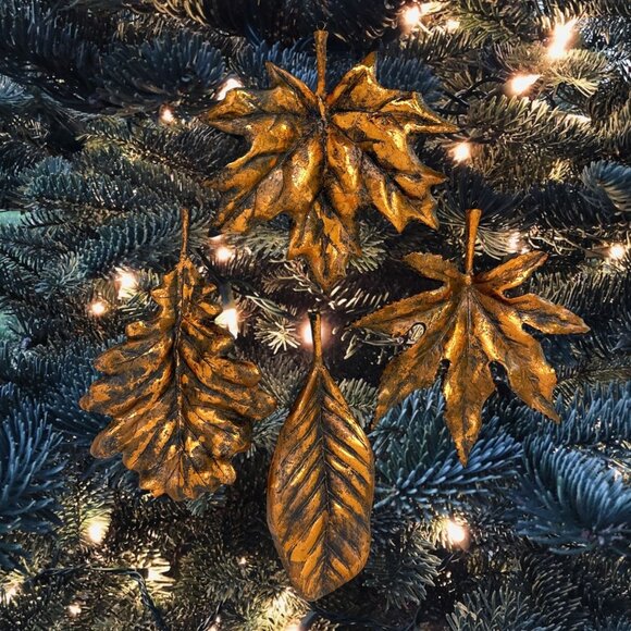 Leaf Christmas Ornaments Set of 4 Goldtone Nature Inspired Holiday Decor - Picture 3 of 8
